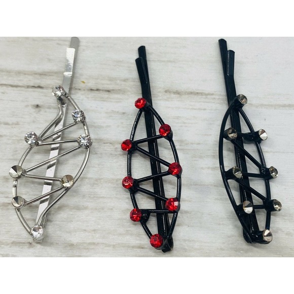 Hair Bobby Pins Clips Rhinestones Crystals Clear Red and Black Silver Set of 3 - Picture 1 of 6